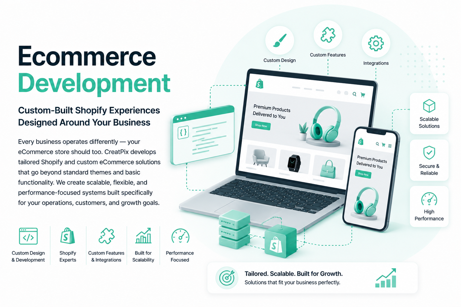 E-commerce development services with laptop, smartphone, and icons on a white background