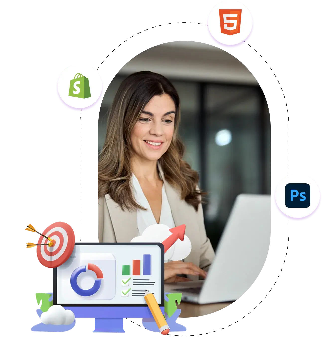 A professional woman working on a laptop inside a circular frame, surrounded by digital marketing and web development icons including Shopify, HTML5, Photoshop, analytics charts, and a target graphic.
