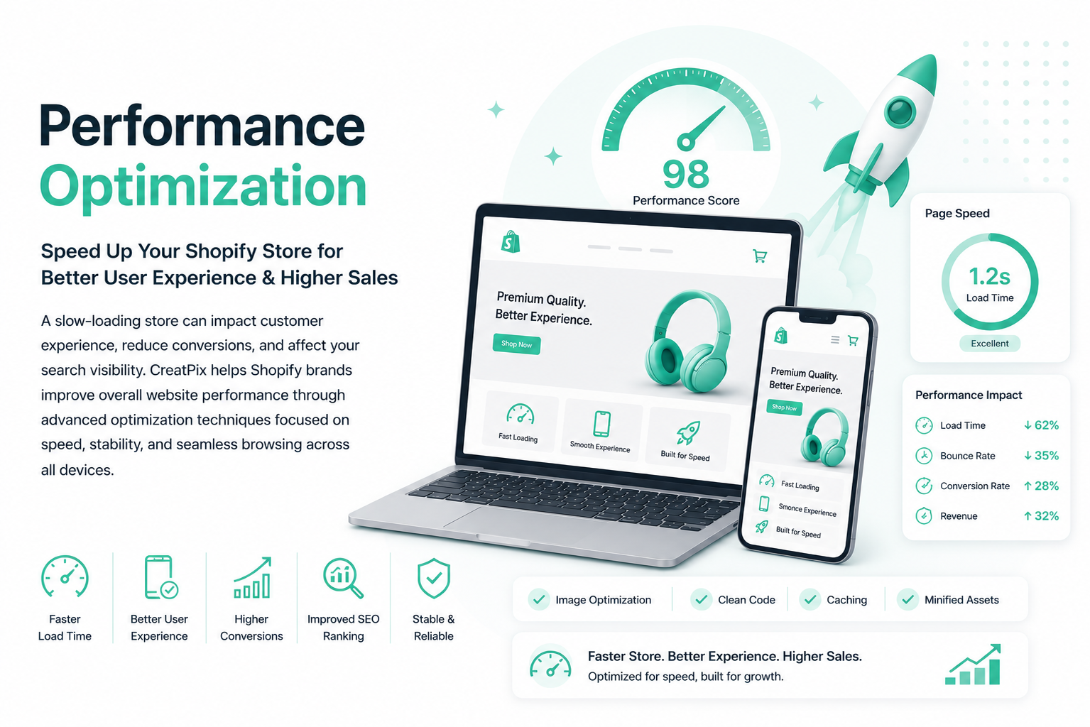 Performance optimization graphic with laptop, smartphone, and rocket illustration on a white background